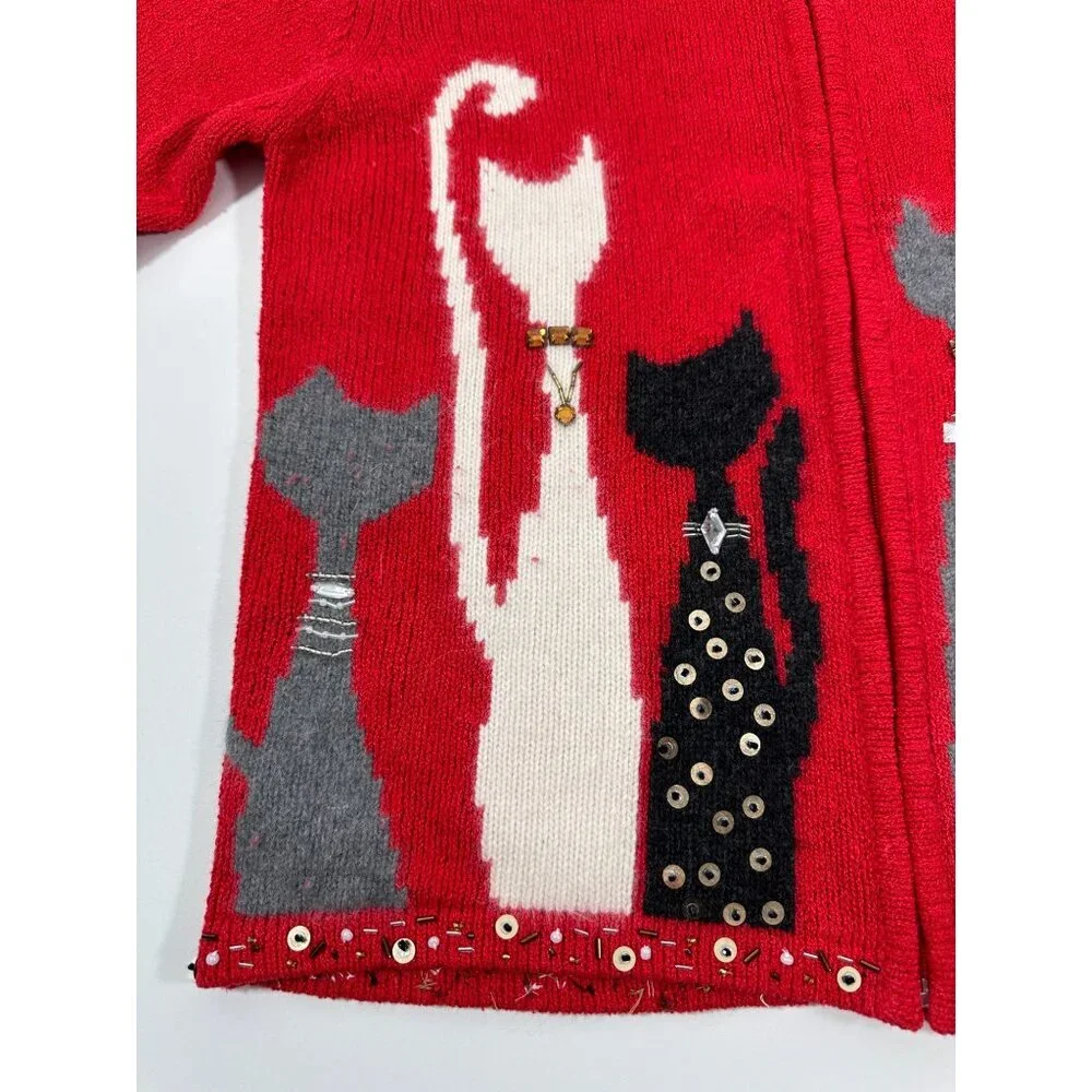 Coldwater‎ Creek Red Bejeweled Cats Kitchy Zip Sweater Jacket Size L - Picture 15 of 16
